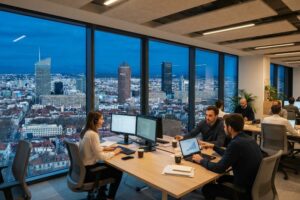 Une équipe au travail dans des bureaux qui dominent Lyon